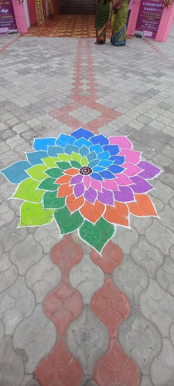 Colourful kolam at the entrance
